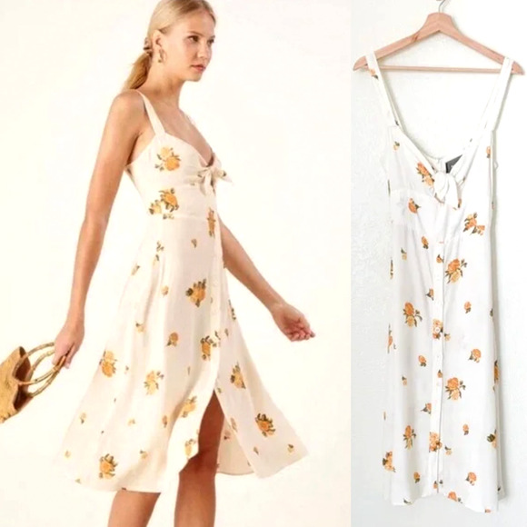 Reformation 6 Frankfort Button Front Floral Dress Tie Front Silky Yellow White - Picture 1 of 11